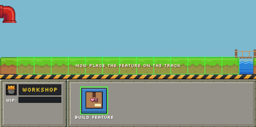 The level 1 workshop toolbar with the build feature button selected, and a glowing placement tile on the track